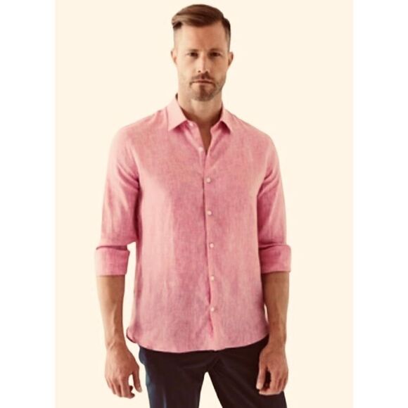 DKNY red/pink and white button down pure linen space dye chambray long sleeves - Picture 1 of 12